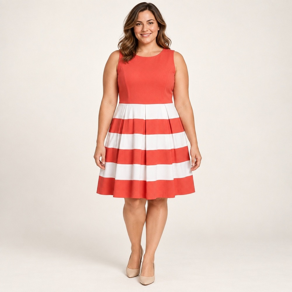 Nine West Striped Fit Flare Dress Womens 14 Coral White Preppy Nautical Work